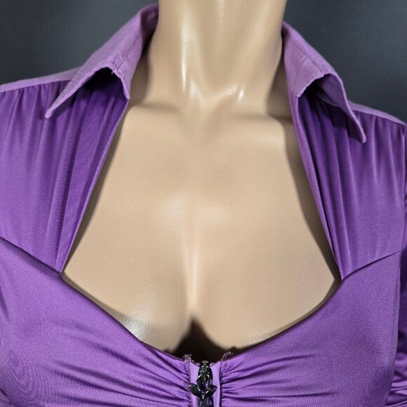 Y2K Zip Up Tie Back Blouse Office Siren Whimsigoth Size S Purple Fitted Ruched - Picture 2 of 13